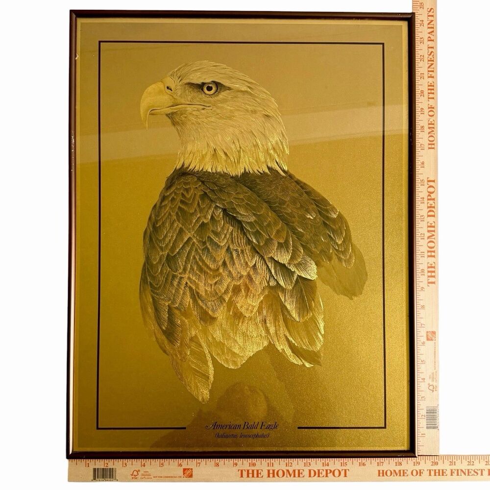 VTG American Bald Eagle Foil Art Print Dufex Metallic Gold Retro 70s 80s Framed